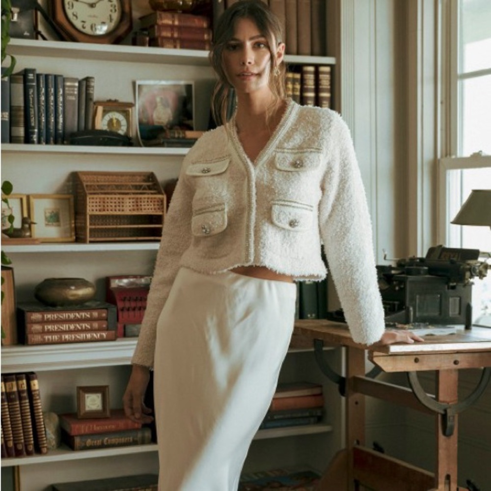 HIGH END Cream Rhinestone Embellished Tweed Knit Jacket